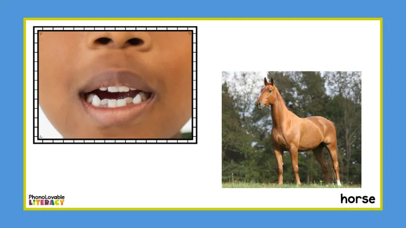 Mouth formation picture and horse for sound of the letter h.