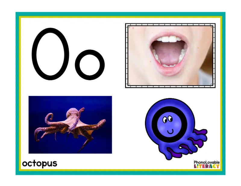 Letter o mouth formation picture with octopus and embedded mnemonic.