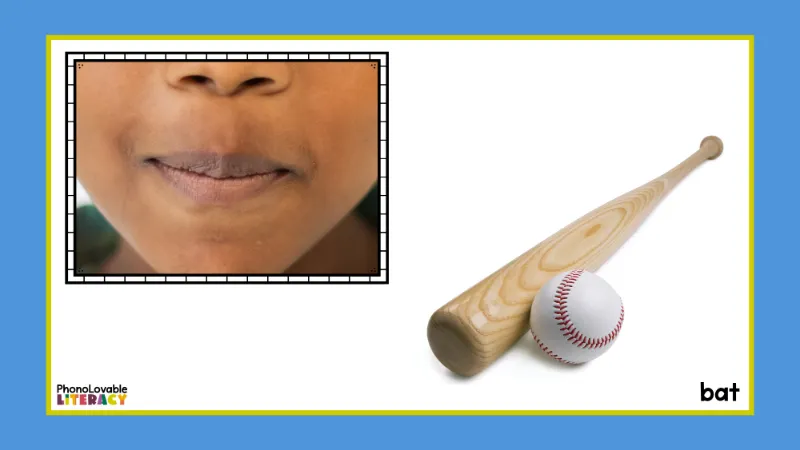 Mouth formation for b with baseball bat and ball.