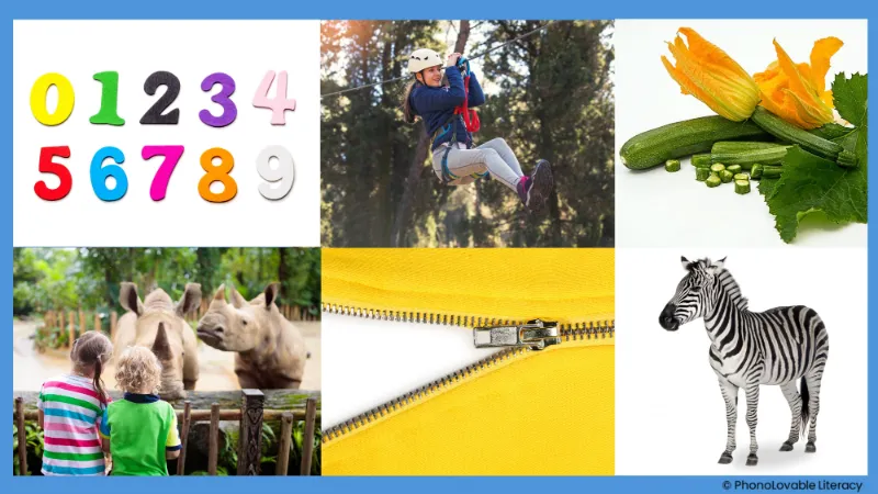 Photo collage for letter z sound: zero, ziplining, zuchini, zoo, zipper, and zebra.