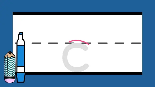 Letter c sound formation animation with lines.