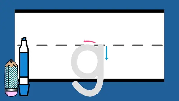 Letter g sound formation animation with lines.
