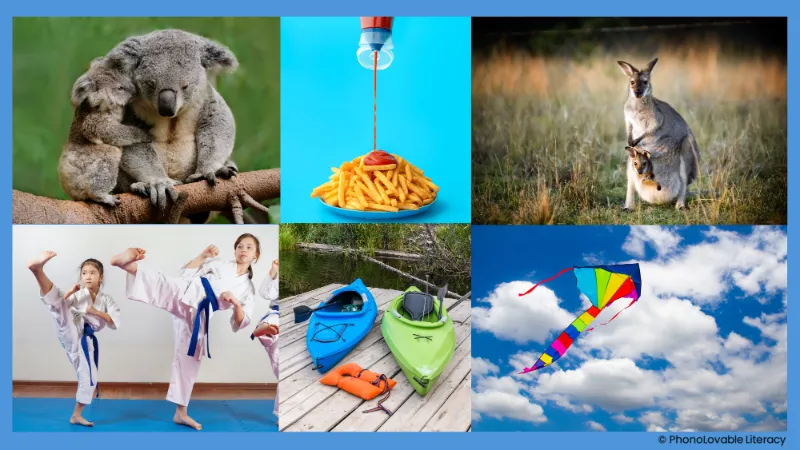 Photo collage for letter k sound: koalas, ketchup, kangaroo, karate, kayak, and kite.