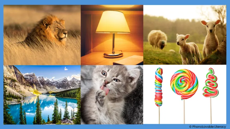 Photo collage for letter l sound: lion, lamp, lambs, lake, lick, and lollipops.