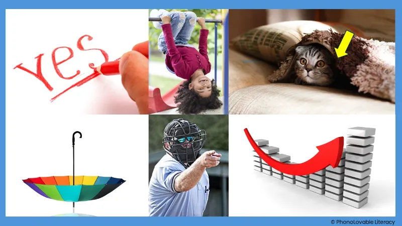 Photo collage for letter u sound: underline, upside down, under, umbrella, umpire, and up.