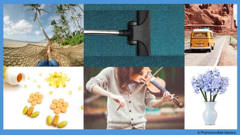 Photo collage for letter v sound: vacation, vacuum, van, vitamins, violin, and vase.