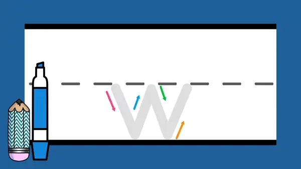 Letter w sound formation animation with lines.