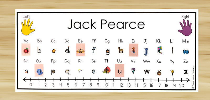 Editable name plate example with embedded mnemonic alphabet on desk background.