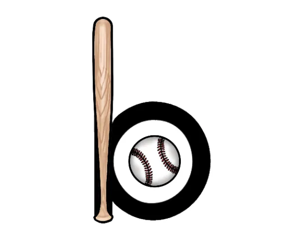 Lowercase letter b with embedded mnemonic image of a baseball and bat.
