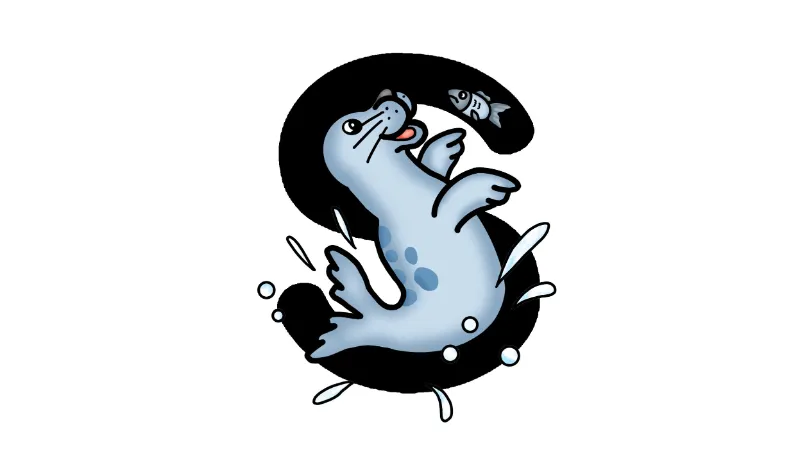 Lowercase letter s with embedded mnemonic image of a seal catching a fish.
