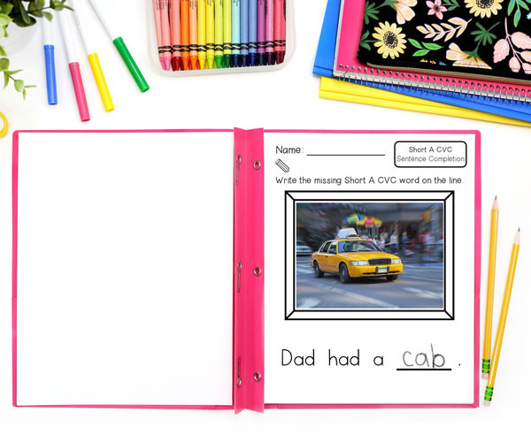 Printed short A CVC sentence dictation page of cab in city and sentence Dad had a cab.