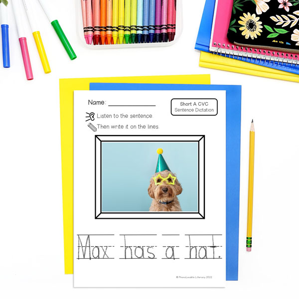 Printed short A CVC sentence dictation page of dog with star glasses and party hat and sentence Max has a hat.