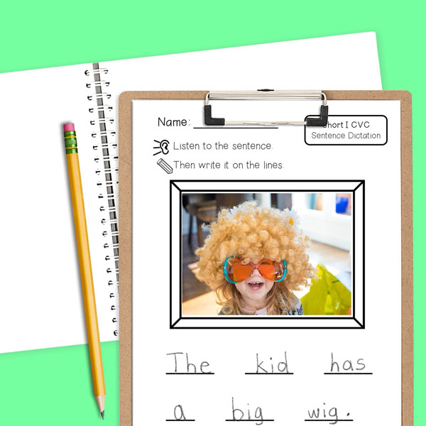 Printed short I CVC sentence dictation page of girl with curly wig and colorful glasses and sentence The kid has a big wig.