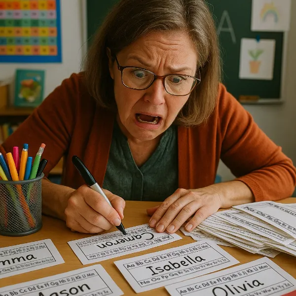 Teacher frantically filling out student name plates by hand.