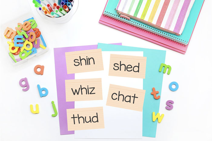 Find the word that means activity with index cards shin, shed, whiz, chat, and thud.