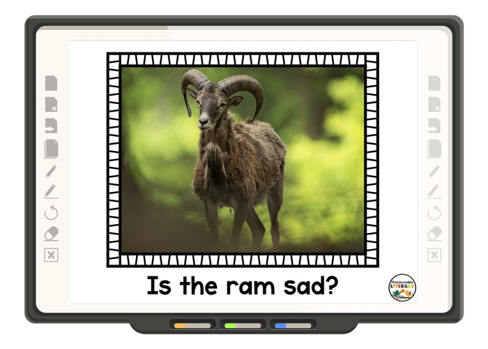 Ram in the forest with decodable sentence Is the ram sad?