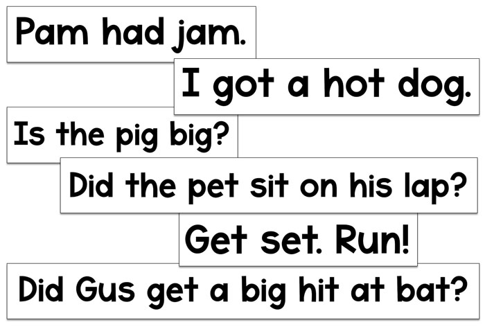 Sentences on strips with food, animal, and game themes.