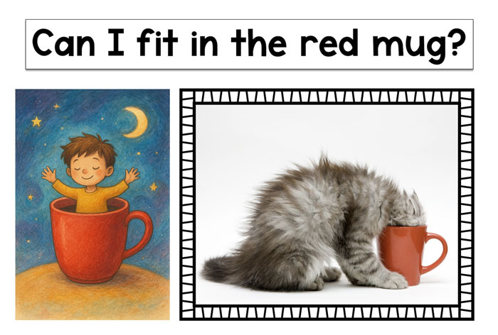 Student's visualization of the sentence Can I fit in the red mug? of a boy in a mug next to a kitten's head in a mug real photo.