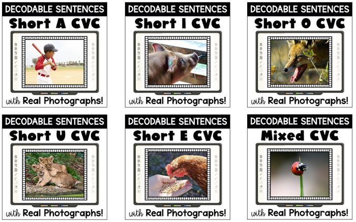 Digital decodable sentences resource covers of CVC skills.