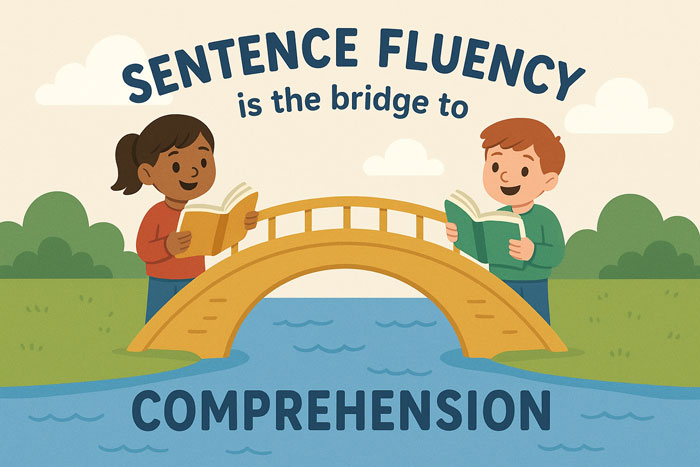 Sentence fluency is the bridge to comprehension concept with two kids reading a book on a bridge.