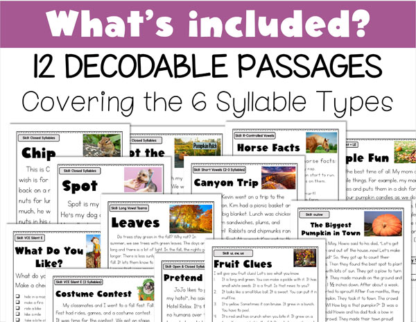 Decodable passages for older students with 6 syllable types.