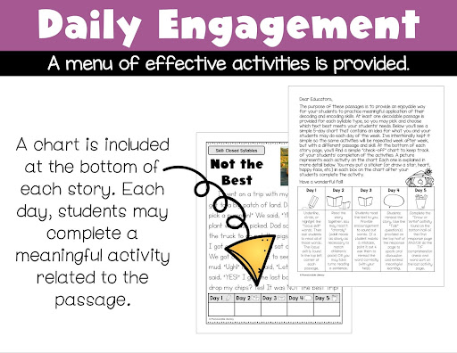 Daily engagement boxes included at the bottom of decodable passages.