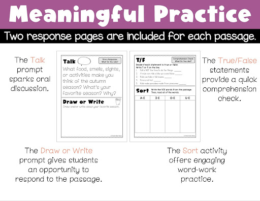 Meaningful practice sheets containing talk, draw or write, true or false, and sort.