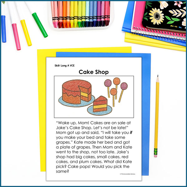 Decodable passage with child's illustration of cake and cake pops.
