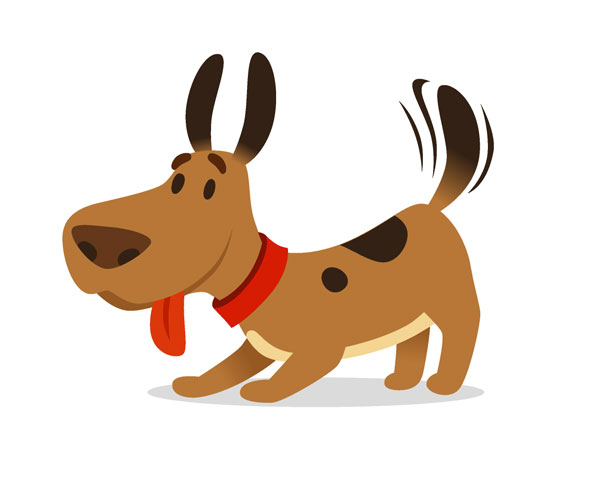 An illustrated dog wags his tail.