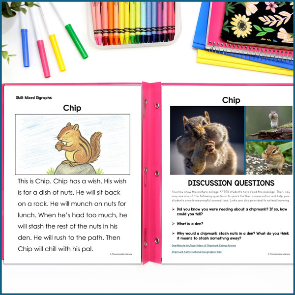 Tips for choosing decodables include passage with child's illustration of a chipmunk next to chipmunk photos and discussion questions.