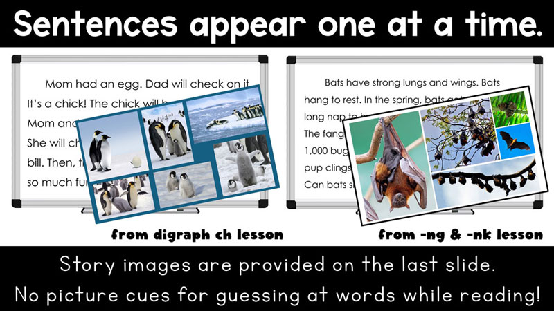Tips for choosing decodables include story images appearing after sentences.