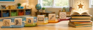 Featured image of symbolic structured literacy icon cubes: hearing, speaking, letter, book, pencil, and speech bubble leading to open book with star.