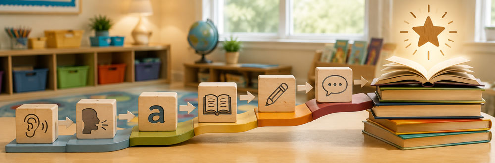 Featured image of symbolic structured literacy icon cubes: hearing, speaking, letter, book, pencil, and speech bubble leading to open book with star.