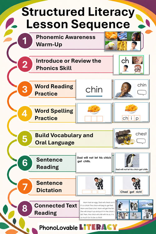 Structured literacy lesson sequence showing 8 steps from phonemic awareness warm-up to connected text reading and real photo digital slides for each step.