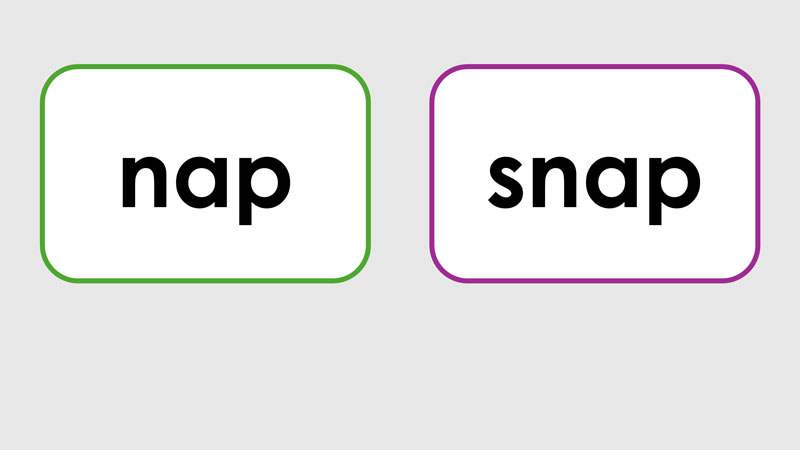 Minimal pair word cards nap and snap.