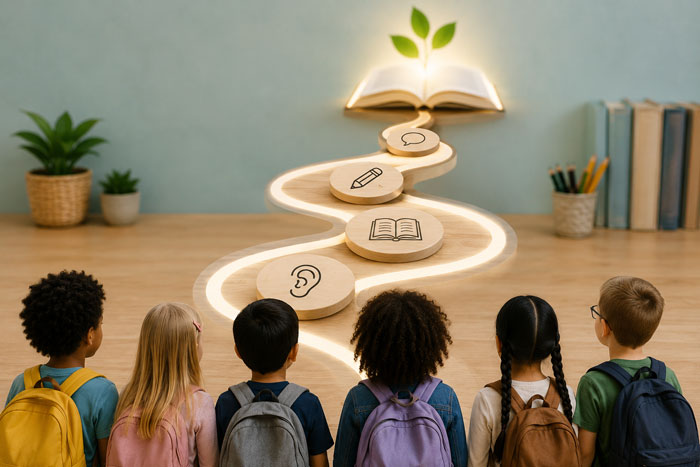 Structured literacy symbolism of students facing winding path lined with listening, reading, writing, and speaking with an open book at the end of the path.