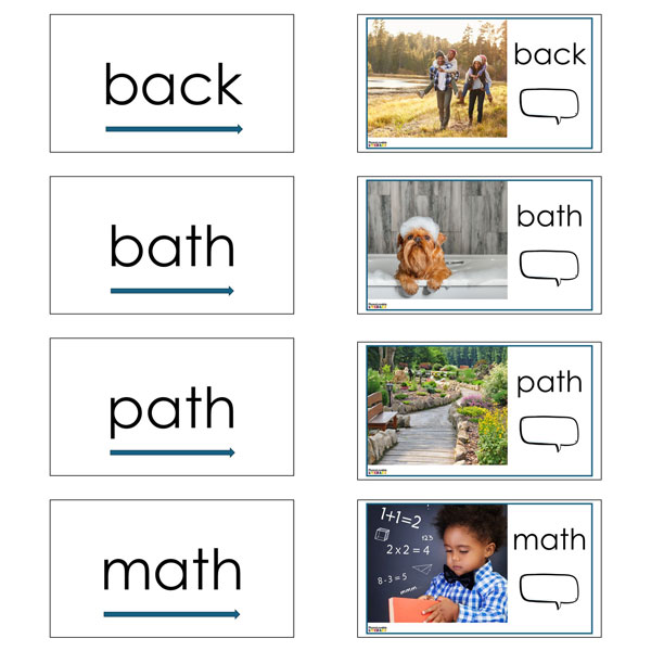 Word chain slides back, bath, path, and math, each followed by a real photo illustrating the word.